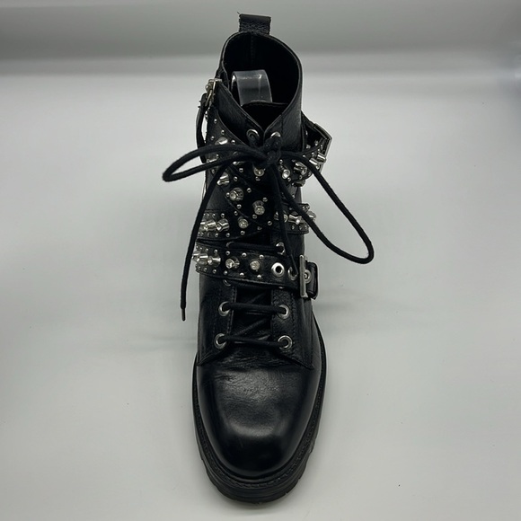 Zara - Black Leather Bejeweled Criss Cross Lace Up Biker Ankle Boot Size 6 - Picture 8 of 14